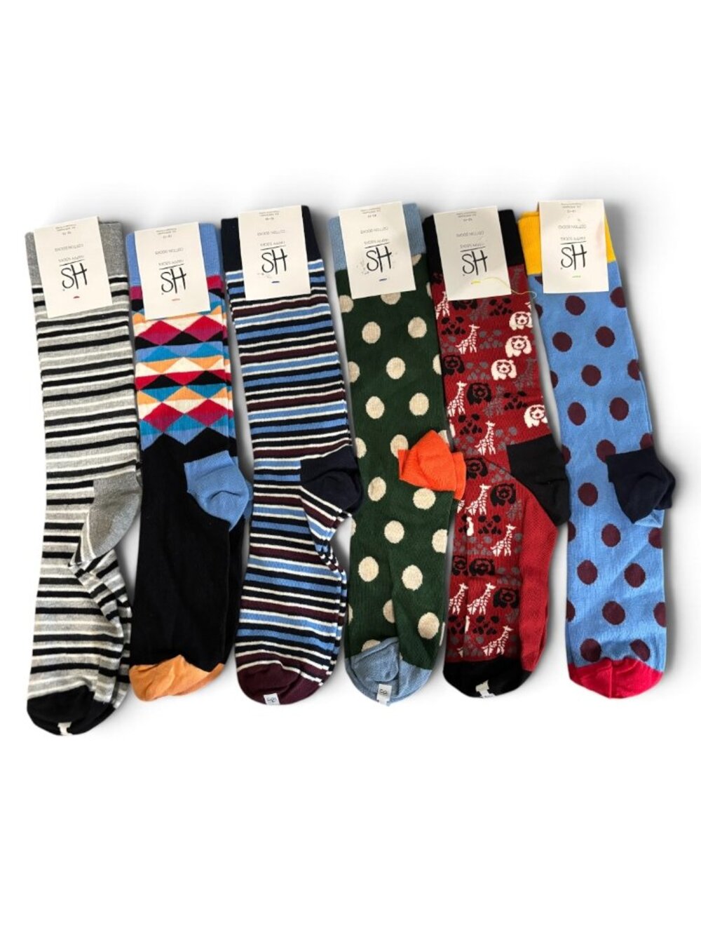 NWT HS Men’s Dress Socks 6 Pairs Colorful Striped Polka Dot Pattern Crew Socks